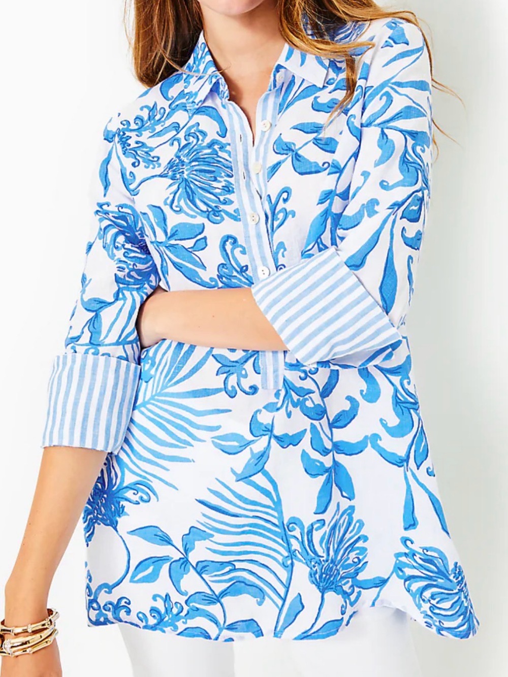 Lilly Pulitzer Riverlyn Pieced Print Tunic Top Resort White Glisten In The Sun